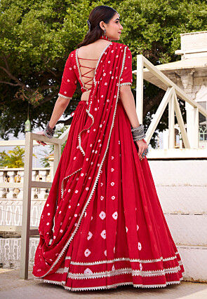 Bandhej Printed Chanderi Silk Lehenga in Red
