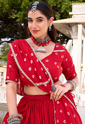 Bandhej Printed Chanderi Silk Lehenga in Red