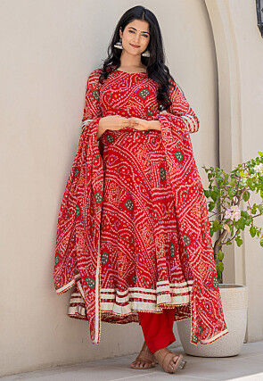 Bandhej Printed Chiffon A Line Suit in Red