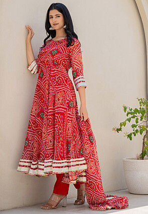 Bandhej Printed Chiffon A Line Suit in Red