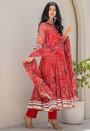 Bandhej Printed Chiffon A Line Suit in Red