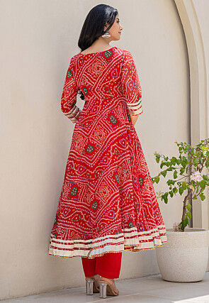 Bandhej Printed Chiffon A Line Suit in Red