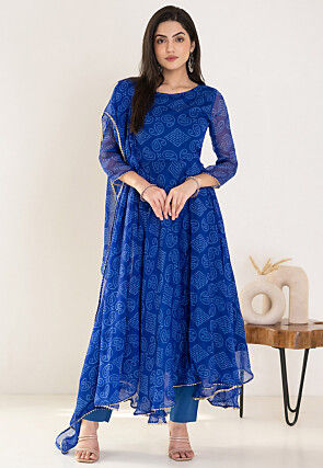 Bandhej Printed Chiffon A Line Suit in Royal Blue