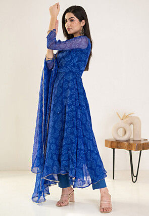 Bandhej Printed Chiffon A Line Suit in Royal Blue