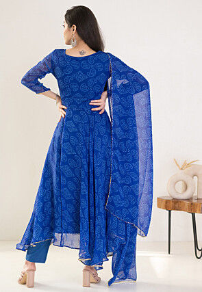 Bandhej Printed Chiffon A Line Suit in Royal Blue