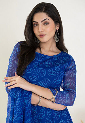 Bandhej Printed Chiffon A Line Suit in Royal Blue