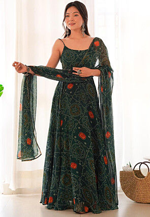 Bandhej Printed Chiffon Abaya Style Suit in Dark Green