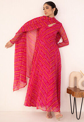 Bandhej Printed Chiffon Abaya Style Suit in Fuchsia