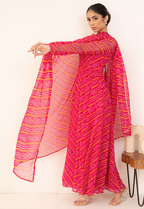 Bandhej Printed Chiffon Abaya Style Suit in Fuchsia