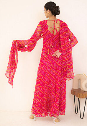 Bandhej Printed Chiffon Abaya Style Suit in Fuchsia