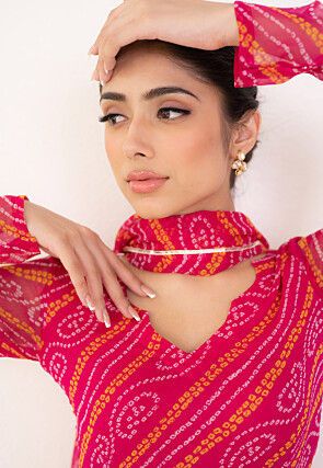 Bandhej Printed Chiffon Abaya Style Suit in Fuchsia