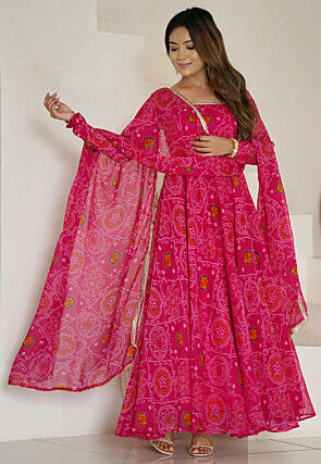 Bandhej Printed Chiffon Abaya Style Suit in Fuchsia