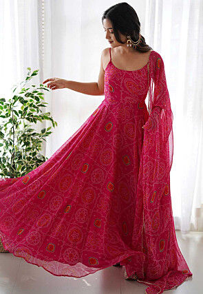 Bandhej Printed Chiffon Abaya Style Suit in Pink