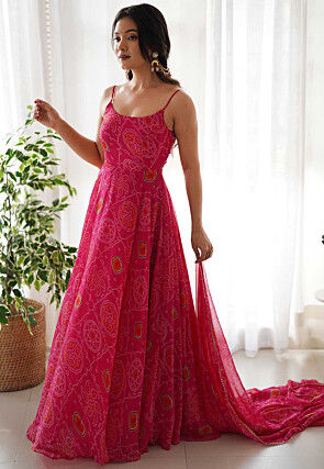 Bandhej Printed Chiffon Abaya Style Suit in Pink