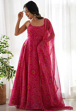 Bandhej Printed Chiffon Abaya Style Suit in Pink