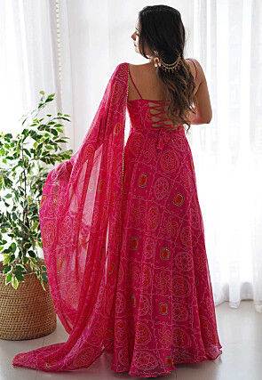 Bandhej Printed Chiffon Abaya Style Suit in Pink