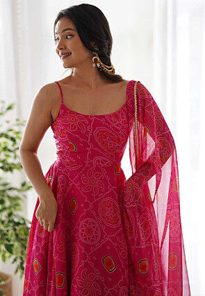 Bandhej Printed Chiffon Abaya Style Suit in Pink