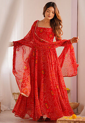 Bandhej Printed Chiffon Abaya Style Suit in Red