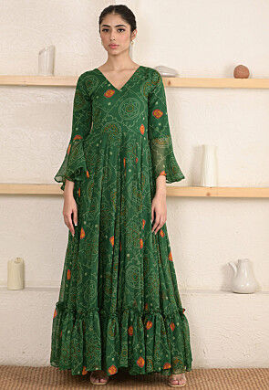 Bandhej Printed Chiffon Gown in Green