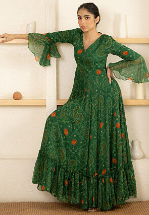 Bandhej Printed Chiffon Gown in Green
