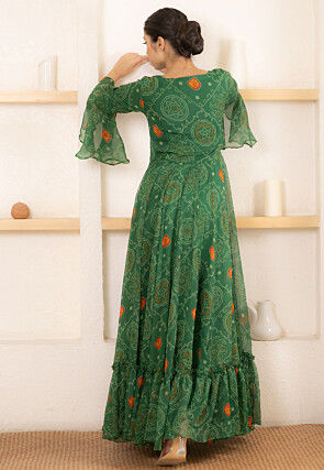 Bandhej Printed Chiffon Gown in Green