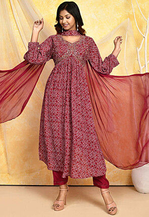Bandhej Printed Chiffon Pakistani Suit in Maroon