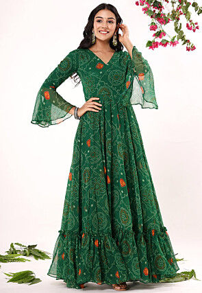 Bandhej Printed Chiffon Ruffled Dress in Green