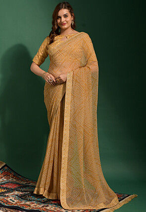 Bandhej Printed Chiffon Saree in Beige