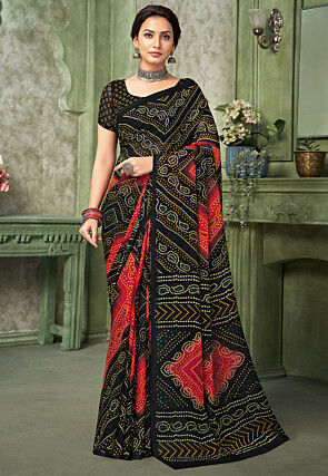 Bandhej Printed Chiffon Saree in Black and Red
