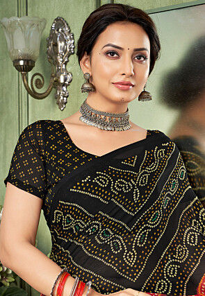 Bandhej Printed Chiffon Saree in Black and Red