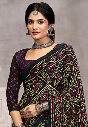 Bandhej Printed Chiffon Saree in Black