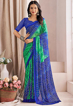 Bandhej Printed Chiffon Saree in Blue and Green