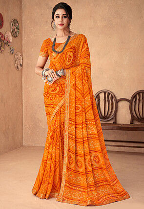 Bandhej Printed Chiffon Saree in Brown