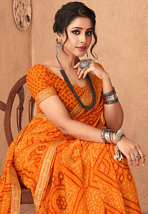 Bandhej Printed Chiffon Saree in Brown