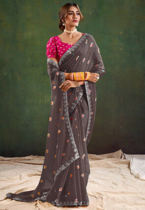 Bandhej Printed Chiffon Saree in Dark Grey