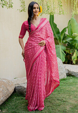 Bandhej Printed Chiffon Saree in Fuchsia