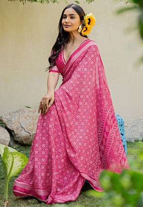 Bandhej Printed Chiffon Saree in Fuchsia