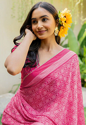 Bandhej Printed Chiffon Saree in Fuchsia