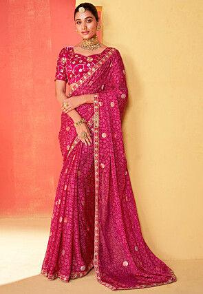 Bandhej Printed Chiffon Saree in Fuchsia