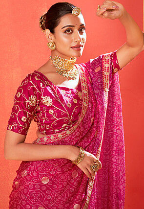 Bandhej Printed Chiffon Saree in Fuchsia