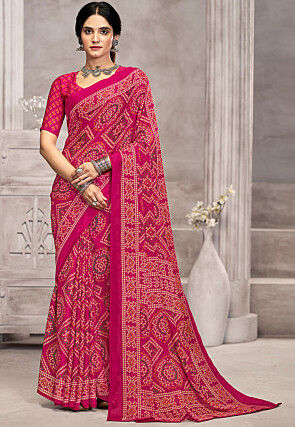 Bandhej Printed Chiffon Saree in Fuchsia