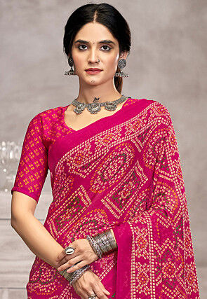 Bandhej Printed Chiffon Saree in Fuchsia