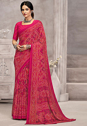 Bandhej Printed Chiffon Saree in Fuchsia