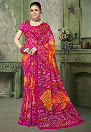 Bandhej Printed Chiffon Saree in Fuchsia