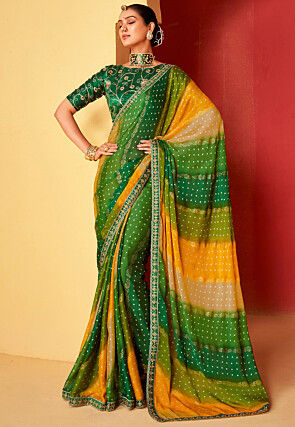 Bandhej Printed Chiffon Saree in Green and Yellow