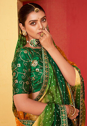 Bandhej Printed Chiffon Saree in Green and Yellow