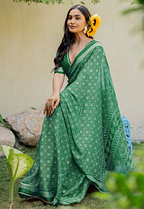 Bandhej Printed Chiffon Saree in Green