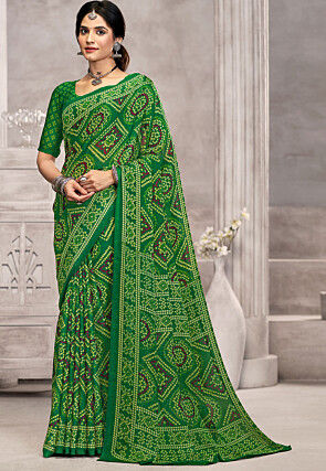 Bandhej Printed Chiffon Saree in Green