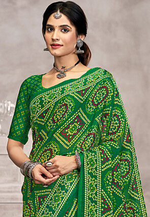 Bandhej Printed Chiffon Saree in Green