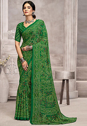 Bandhej Printed Chiffon Saree in Green